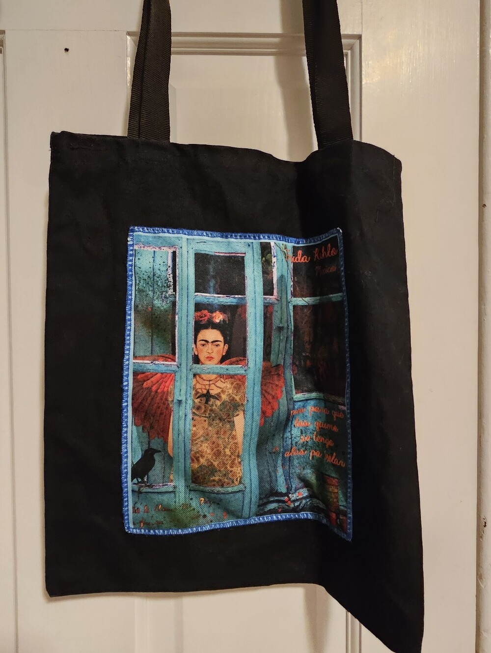 Black Tote Bag with Frida Kahlo Artwork